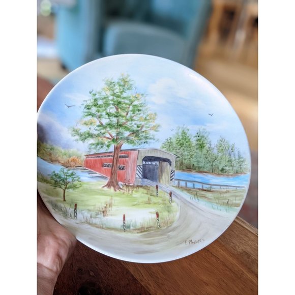 Hand-painted Red Covered Bridge Scene Decorative Plate Decor Trees Birds - Picture 2 of 4
